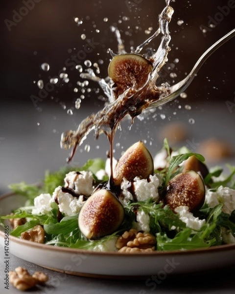 Fototapeta An elegant salad with figs splashes balsamic to create a vibrant display, showcasing fine dining and culinary artistry.