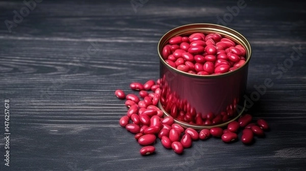 Fototapeta Red Beans in a Tin Can on a Dark Wooden Table Surface