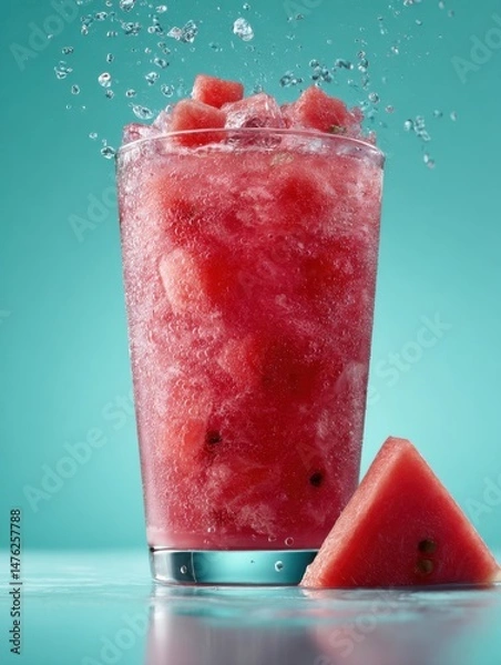 Fototapeta A vibrant and refreshing watermelon drink with ice, capturing the essence of summer in a sparkling presentation.