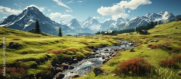 Fototapeta Panoramic view of alpine meadow with river and mountains