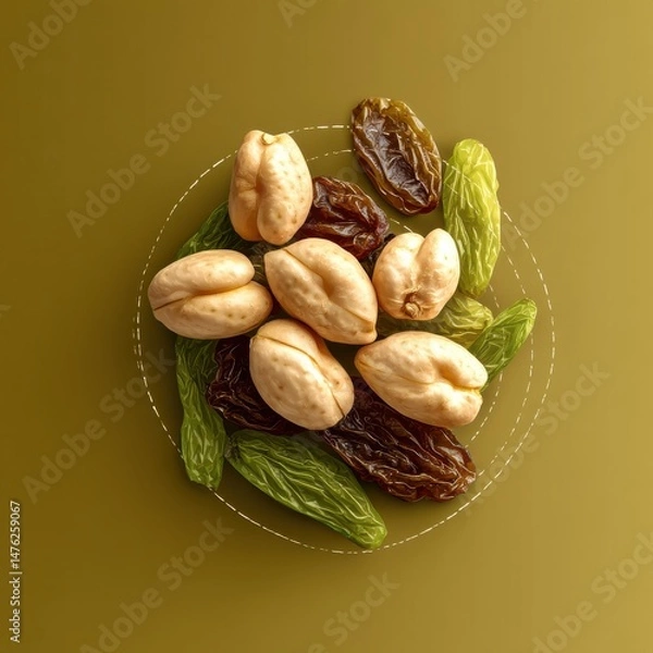 Fototapeta A delightful arrangement of mixed nuts and raisins, showcasing a colorful and healthy snack option on a subtle background.