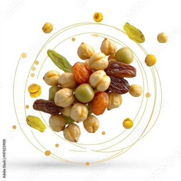 Fototapeta An eye-catching fusion of various nuts and raisins in mid-air, portraying a lively essence of natural snacks.