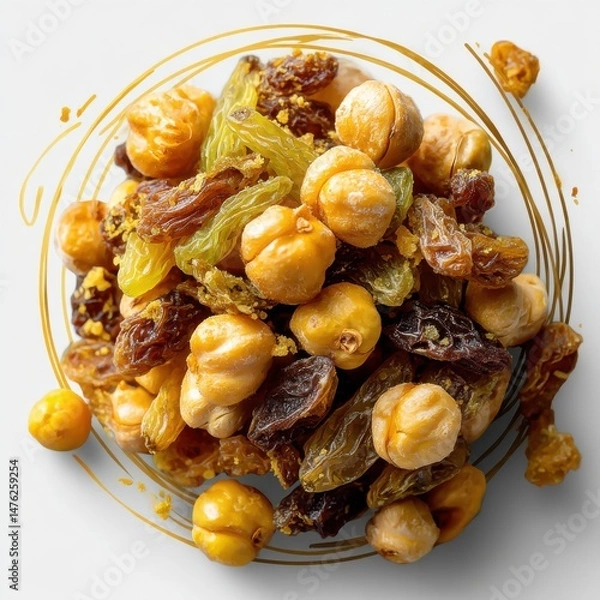 Fototapeta A stunning pile of nuts and raisins artfully arranged, capturing the essence of health and indulgence together.
