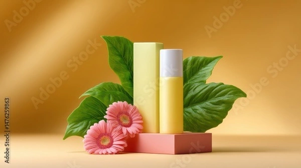 Fototapeta Elegant and minimalist pastel colored skincare product packaging set against a warm yellow backdrop creating a calming and inviting composition that highlights the natural