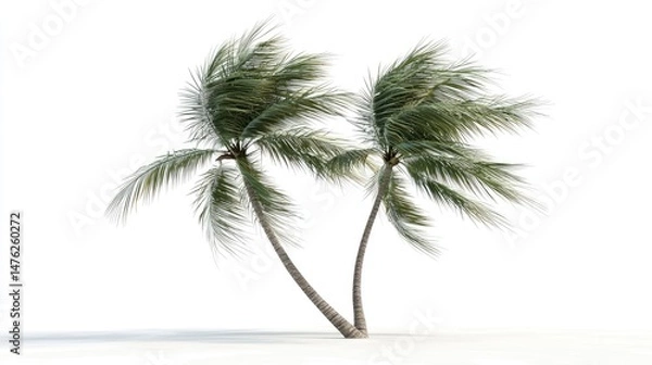 Fototapeta Two swaying palm trees against a white background.
