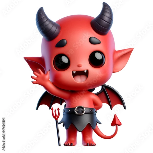 Fototapeta 3D Cute demon waves his hand isolated on white background