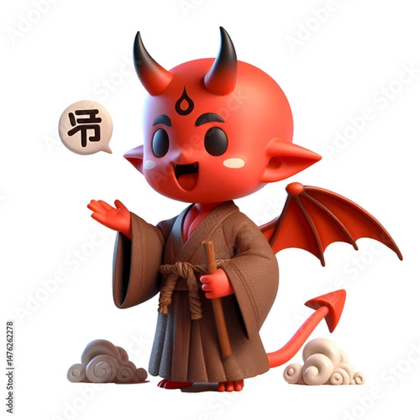 Fototapeta 3D Cute demon waves his hand isolated on white background