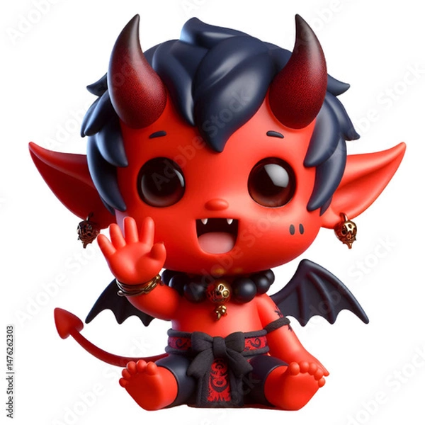 Fototapeta 3D Cute demon waves his hand isolated on white background