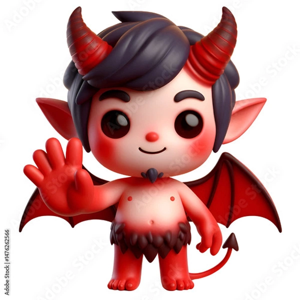Fototapeta 3D Cute demon waves his hand isolated on white background