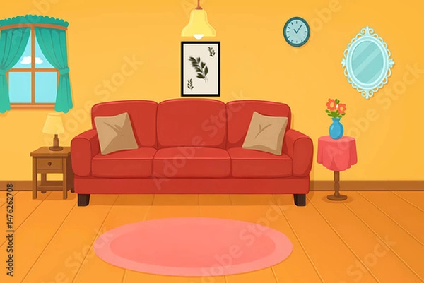 Fototapeta 2D cartoon illustration of a cozy living room with red sofa, coffee table, wall decor, and soft lighting—great for animations, storybooks, or educational use.