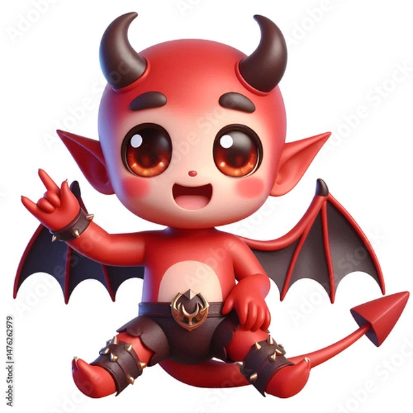 Fototapeta 3D Cute demon waves his hand isolated on white background