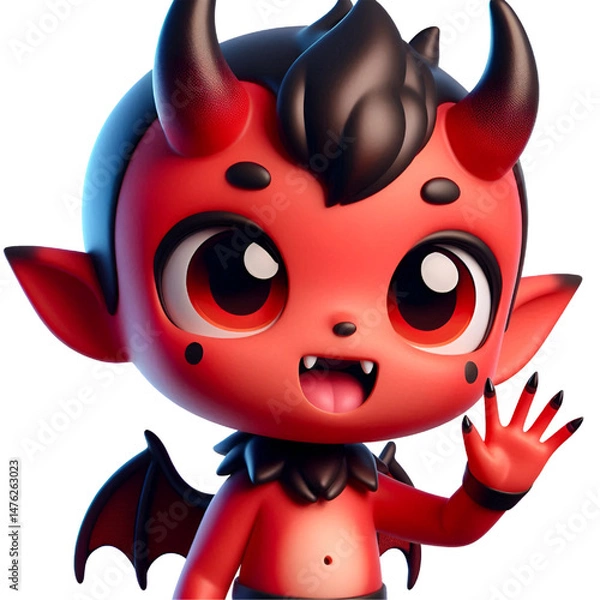 Fototapeta 3D Cute demon waves his hand isolated on white background