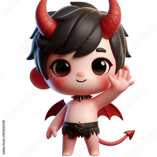 Fototapeta 3D Cute demon waves his hand isolated on white background