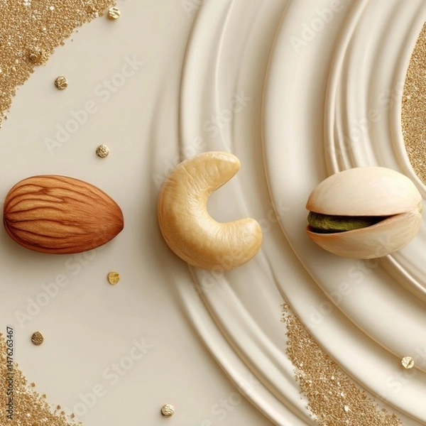 Fototapeta A beautifully arranged set of different nuts on a creamy background, highlighting their natural beauty and artistic presentation.