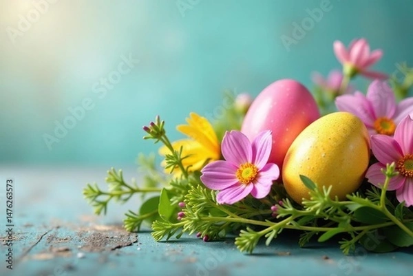 Fototapeta Vibrant Easter eggs nestled in a spring flower arrangement , daffodils, cheerful
