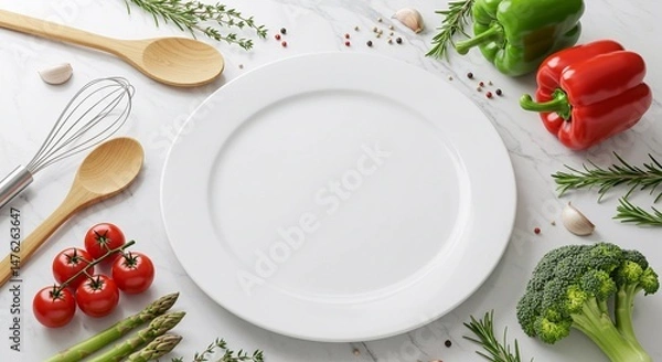 Fototapeta Empty White Plate Surrounded by Fresh Vegetables and Cooking Utensils on Marble Background Food Photography Template Generative ai
