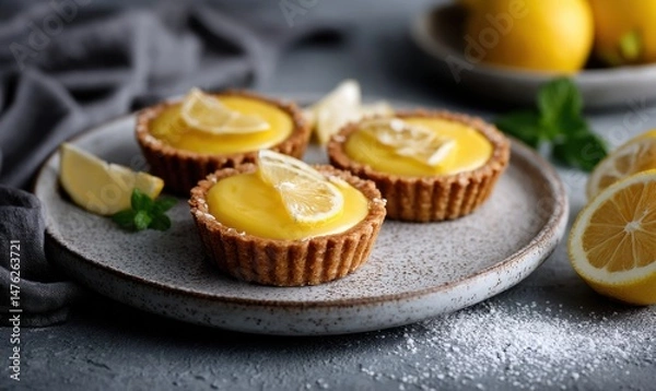 Fototapeta Delicious lemon tarts beautifully arranged, garnished with slices of fresh lemon and mint, perfect for dessert lovers.