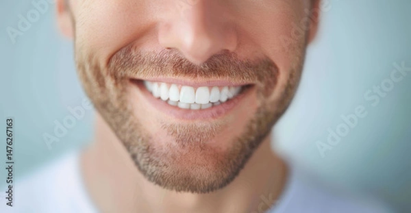 Fototapeta Zoomed-in image of a smiling man showing bright white teeth and well-groomed beard, conveying happiness and health.