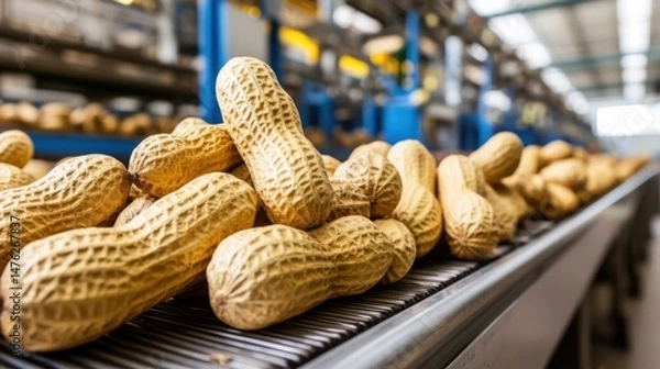 Fototapeta Peanuts moving on conveyor belt at factory close up food processing line perspective view healthy snack production industry