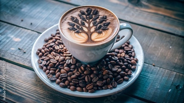Fototapeta Latte Coffee with Beautiful Tree Design - White Background