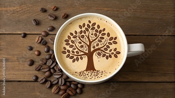 Fototapeta Latte Art Coffee with Tree Design - Isolated on White