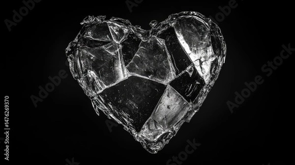 Fototapeta Broken Heart Concept. Shattered Glass Heart On Black Background. Symbol Of Pain, Divorce, Or Breakup.
