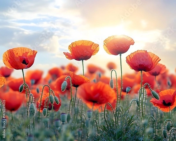 Fototapeta A vibrant field of poppies dancing in the wind under a sunny sky