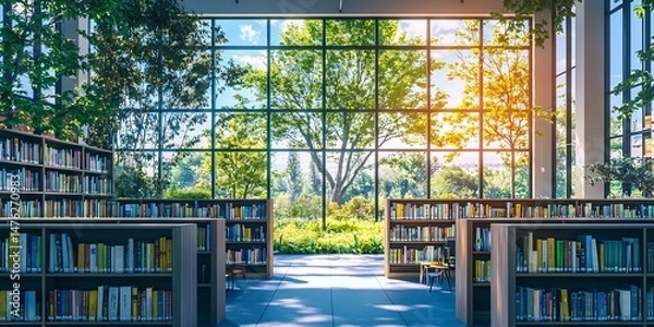 Obraz Bright Library with Window View of Nature and Bookshelves in Sunny Sunlight