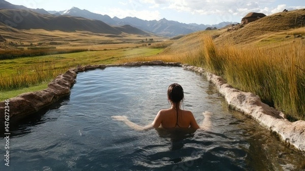 Obraz A woman soaking in a hot spring, experiencing natural healing therapy --ar 16:9 --v 6.1 Job ID: d9d7e8f8-ab6e-4a8a-8a35-b6b494f3bc8b
