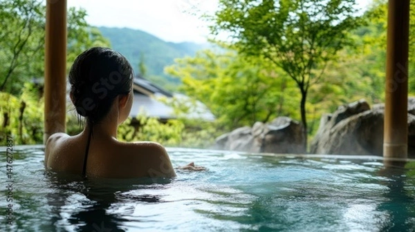 Obraz A woman soaking in a hot spring, experiencing natural healing therapy --ar 16:9 --v 6.1 Job ID: d9d7e8f8-ab6e-4a8a-8a35-b6b494f3bc8b