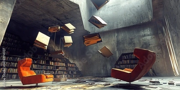 Obraz Surreal floating books in a library with modern furniture and concrete walls