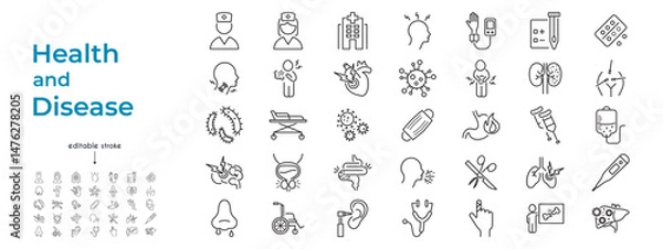 Fototapeta Medical themed vector line icon set. Sickness, illness, disease, clinical equipment and staff. Intended for school projects, health visuals, informative design.Editable stroke.