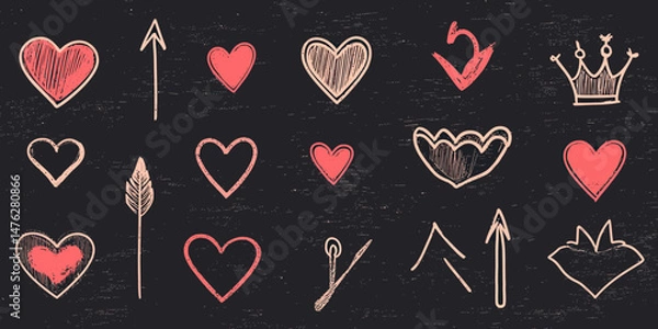 Obraz Hand drawn red and beige heart shapes, arrows, crown, and decorative scribble elements chalkboard style vector set for love and romance design themes
