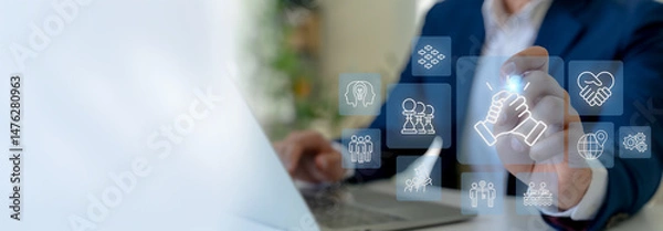 Fototapeta Business collaboration, matching, growth strategies concept. Business ecosystems and partnerships. Networking and solution of creating new opportunities. Task relations, collaboration, team building.