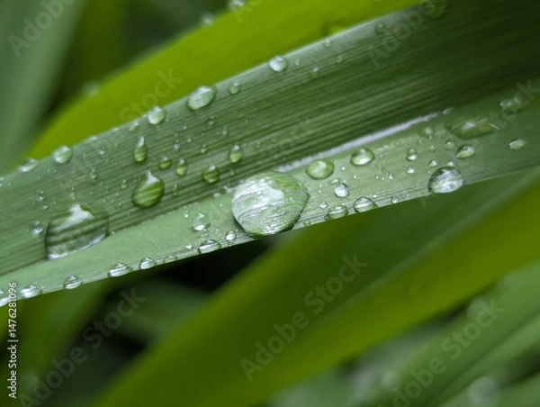 Obraz After a warm spring rain on the wide or narrow leaves of a flower bed, in a garden or flower beds, the leaves collect droplets of moisture in transparent balls