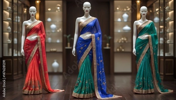 Fototapeta Elegant Sari Showcase: A display of three meticulously crafted saris, draped over mannequins in a refined boutique setting, revealing the intricate design and vibrant hues