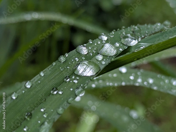 Obraz After a warm spring rain on the wide or narrow leaves of a flower bed, in a garden or flower beds, the leaves collect droplets of moisture in transparent balls