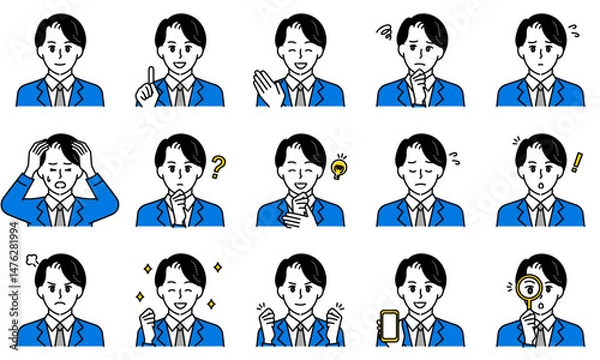 Obraz 表情とポーズで感情を表すビジネススーツを着用した男性のイラストセット