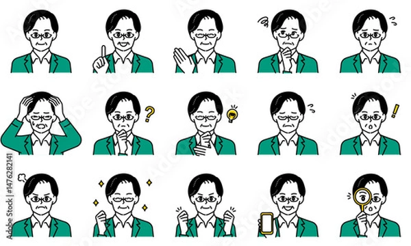 Obraz 表情とポーズで感情を表すビジネスカジュアルな男性のイラストセット