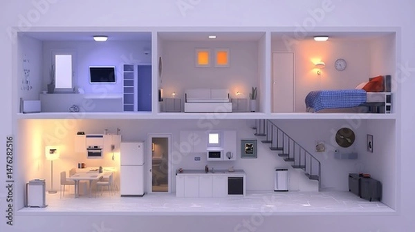 Obraz A Miniature Cross-Section of a Two-Story House Depicting Various Rooms and Furnishings