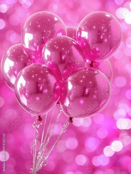 Fototapeta Pink balloons floating against a bokeh background for celebration and party decoration in a vertical close up shot