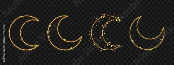 Fototapeta Set of 4 crescent moon illustrations with gold glitter and star details. Vector design with decorative sparkle elements on dark transparent background.