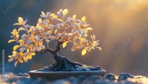 Fototapeta An artistic composition featuring a bonsai tree with delicate leaves highlighted by soft natural light