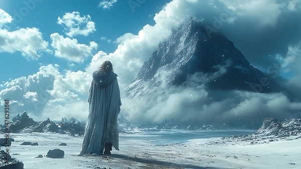 Obraz Wanderer before snowy mountain shrouded in clouds