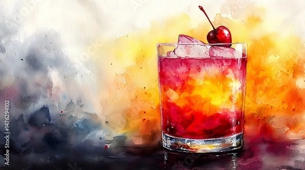 Obraz Watercolor cocktail with cherry garnish art