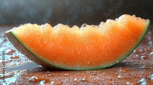 Obraz Wet cantaloupe slice in moody downpour