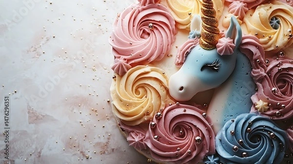 Obraz Whimsical unicorn cake adorned with buttercream swirls