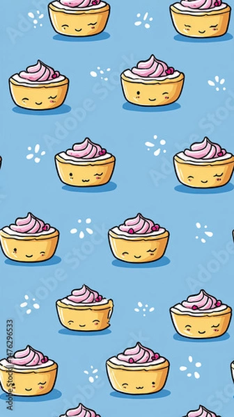 Fototapeta Cute kawaii tart pattern with smiling faces and pink cream on blue background, creating cheerful and playful seamless design for fun textile or wallpaper