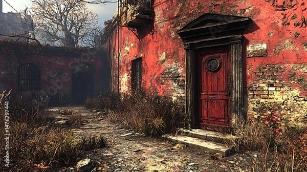 Obraz Worn crimson building with weathered door