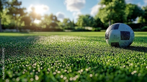 Obraz Worn soccer ball resting in sundrenched field